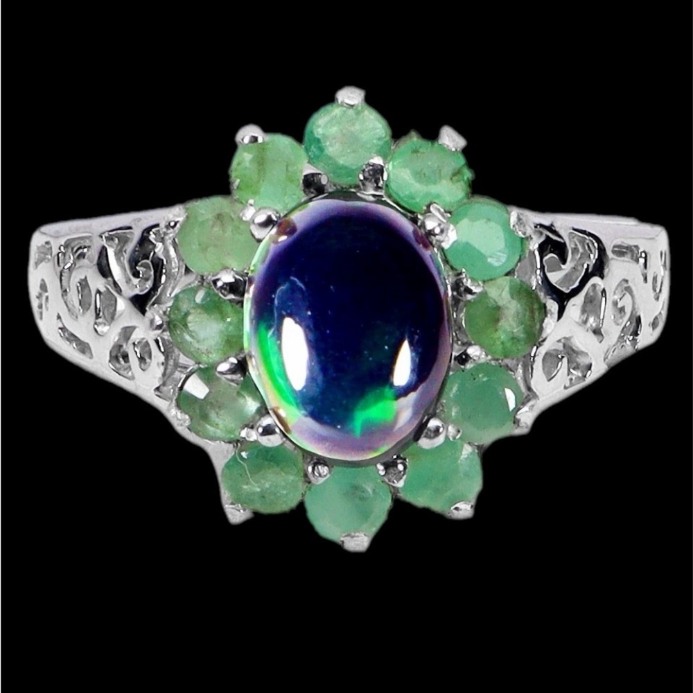 Exceptional, Genuine Black Opal & Emerald Ring